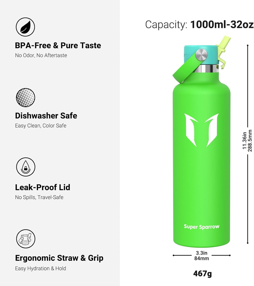 Super Sparrow Insulated Water Bottle - 17 Oz / 25 Oz / 32 Oz - Standard Mouth FlipFlow Flask - BPA Free, Leak Proof Drink Bottle- Ergonomic Straw Water Bottles for Work, Gym, Travel, Sports