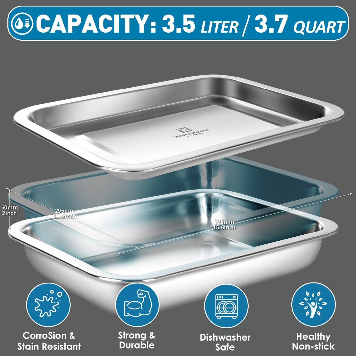 Stainless Steel Food Prep Container with Rack & Lid (Tray), 3.7Quarts, Catering Pans, Restaurant Pans, Buffet Party Pan, Roasting Pan with Rack, Bakeware Roaster, Casserole (1304 / No4)