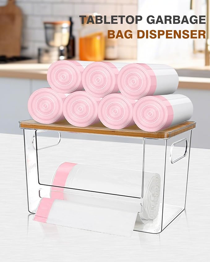 Trash Bag Holder, Acrylic Garbage Bag Dispenser with Bamboo Top, Extra Large Trash Bags Dispenser Under Sink for Kitchen, Pantry, Laundry Room, Cabinet Organizer and Storage (1 PACK)