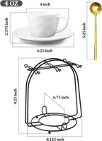 Yedio 4 oz Espresso Cups with Saucers and Metal Stand, Spoons, Porcelain Stackable Coffee Cups, Demitasse Cups, Perfect for Single or Double Espresso, Cappuccino, Latte and Tea - Set of 6, White