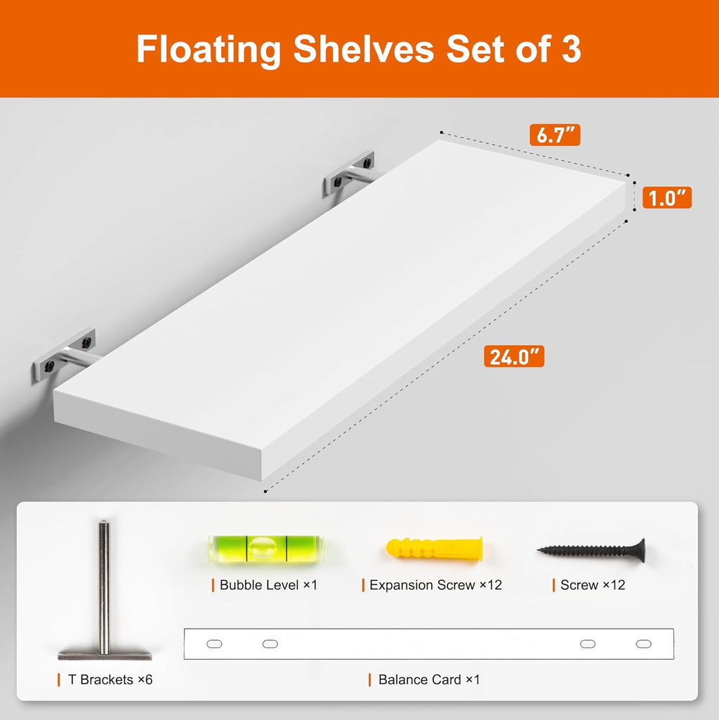 Floating Shelves for Wall, White Wood Wall Shelf Set of 3, 24" Wall Mounted Floating Shelf for Kitchen