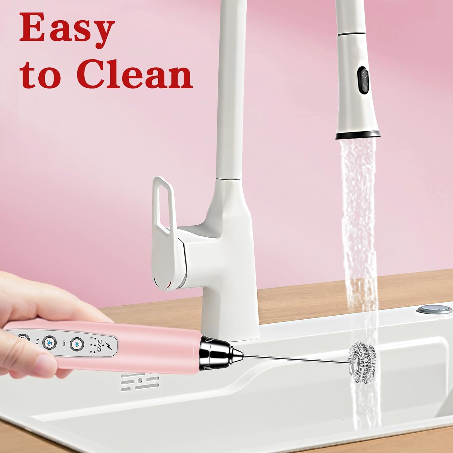 Milk Frother Handheld for Coffee, Electric Whisk 3 Speed Adjustable, Drink Mixer with Stainless 3 Whisks, Rechargeable Hand Frother Wand, Foam Maker for Latte Cappuccino Hot Chocolate Egg Pink