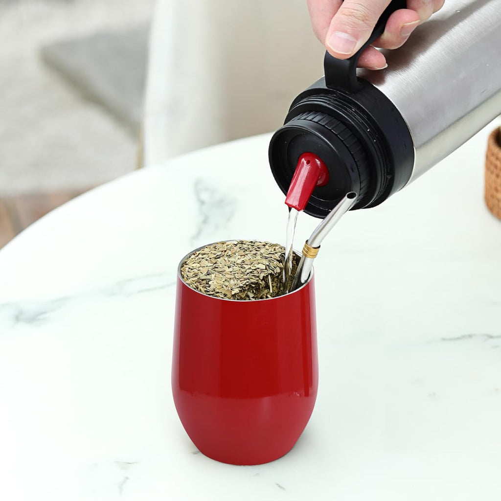 Yerba Mate Cup with Lid, 2 Bombillas, Cleaning Brush, 11.8oz Stainless Steel Double-Wall Insulated Gourd (Red)