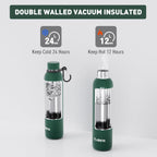 Slim Insulated Water Bottles for Travel 25oz with Clip, Double Wall Vacuum Stainless Steel Water Bottle Keeps Drinks Cold 24 Hrs/Hot 12 Hrs, 100% Leakproof, BPA Free(Emerald Green)