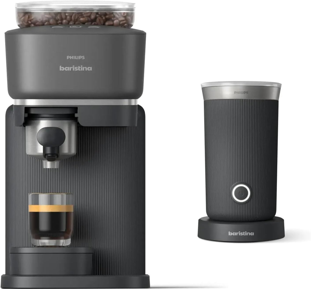 Philips Baristina Espresso Machine+Milk Frother Bundle. Real espresso. Compact coffee machine, portafilter, grinder, Cafe Crema. Dairy & Non-Dairy Milk foam. Hot & Cold. Easy Clean. Black (BAR303/60)