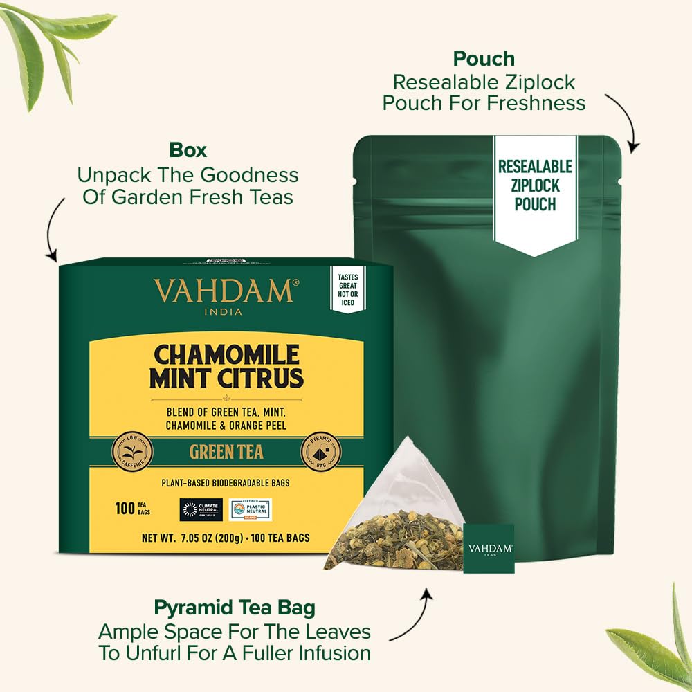 VAHDAM, Chamomile Mint Citrus Green Tea Bags (100 Count) Low Caffeine, Non GMO, Gluten Free | Sweet & Floral | Resealable Ziplock Pouch | Chamomile Tea Bags