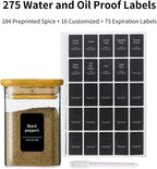 16Pcs 7oz Spice Jars Glass Container with 275 Labels, Airtight Seasoning Empty Organizer with Bamboo Lid Set for Pepper, Salt, Sugar