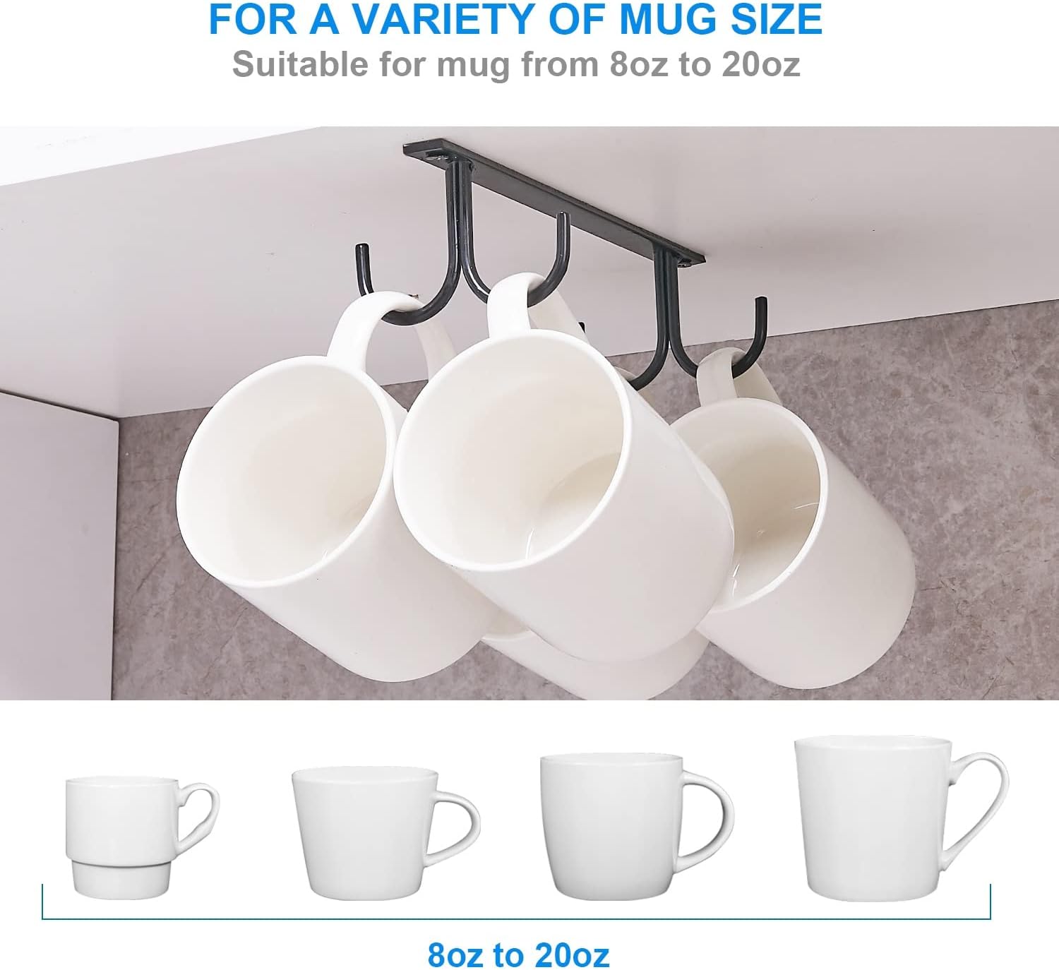 Mug Rack Under Cabinet - Coffee Cup Holder, 12 Mugs Hooks Under Shelf, Display Hanging Cups Drying Hook for Bar Kitchen Utensils Black
