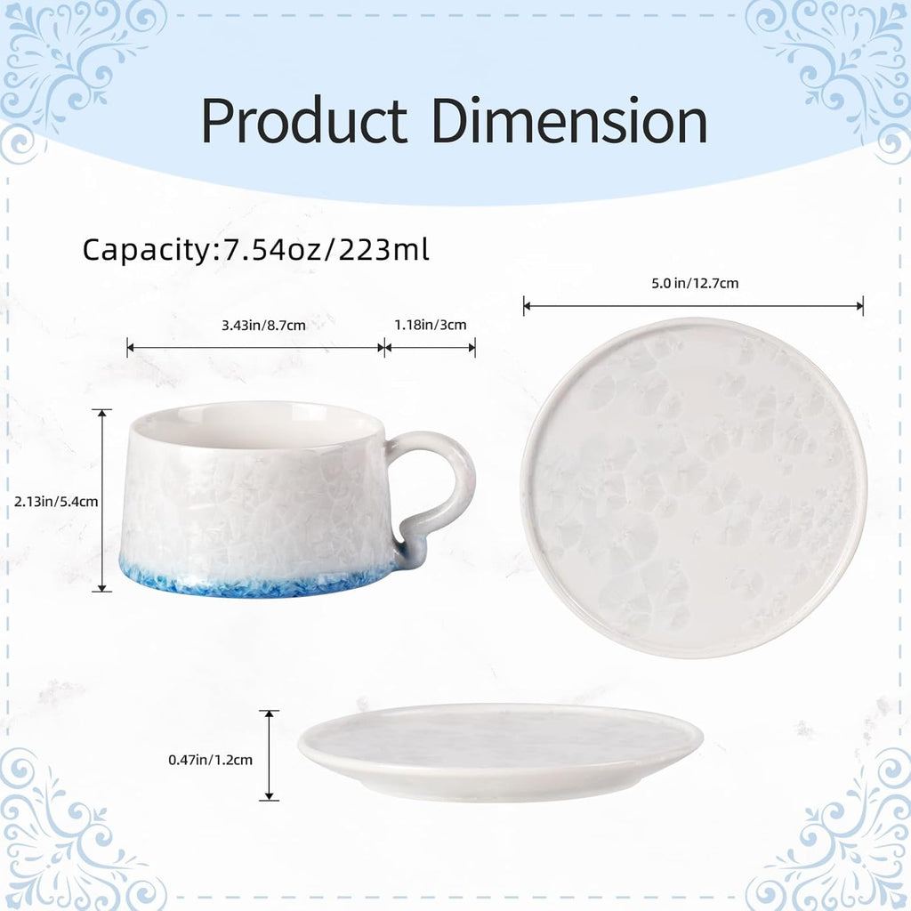 KAMMAK Tea Cups and Saucers Set of 2, Porcelain Coffee Cups, 7.5oz Crystalline Glaze Espresso Mugs, Ceramic Demitasse for Coffee, Cappuccino, Latte, Americano, Tea (Light green + Light blue)