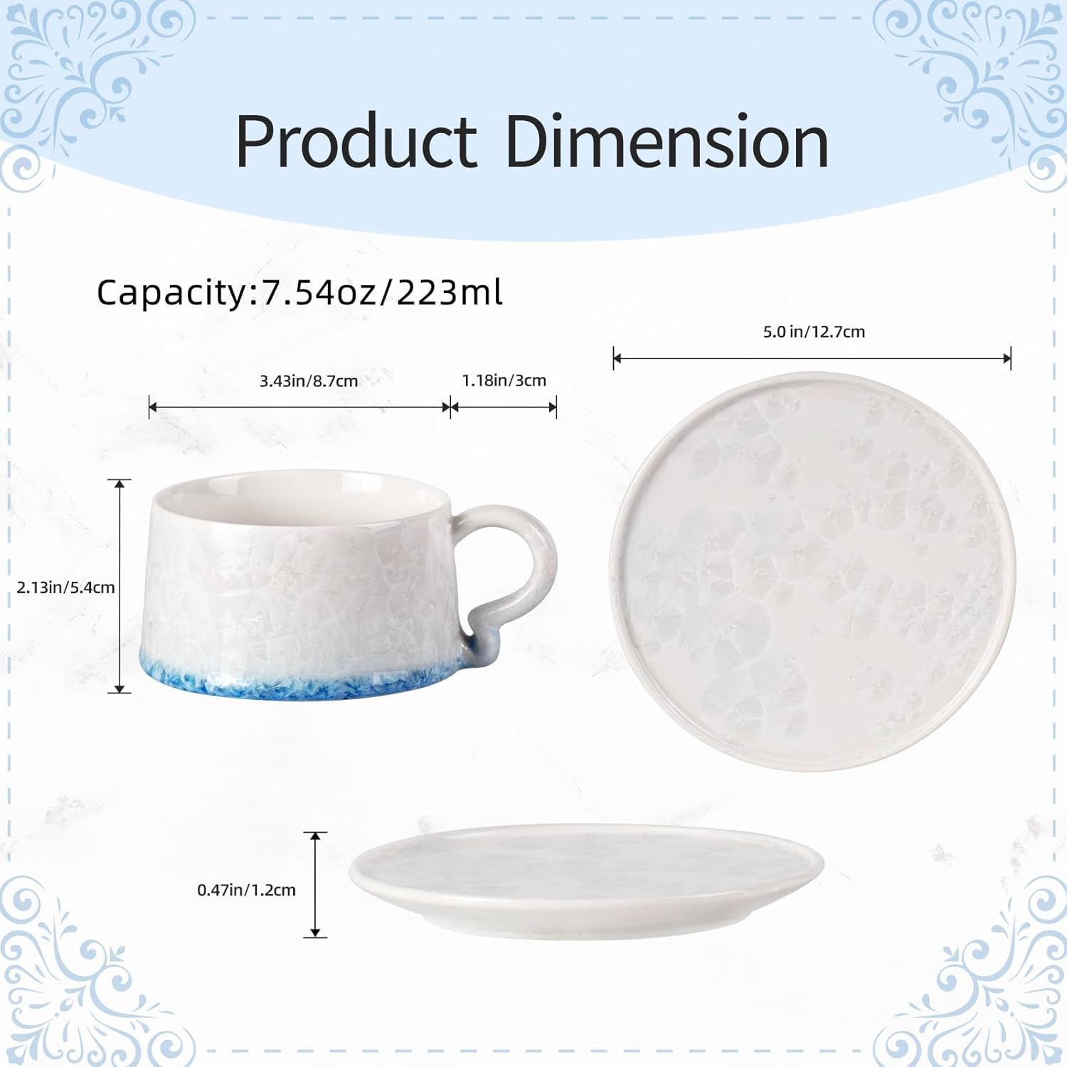 KAMMAK Tea Cups and Saucers Set of 2, Porcelain Coffee Cups, 7.5oz Crystalline Glaze Espresso Mugs, Ceramic Demitasse for Coffee, Cappuccino, Latte, Americano, Tea (Light green + Light blue)