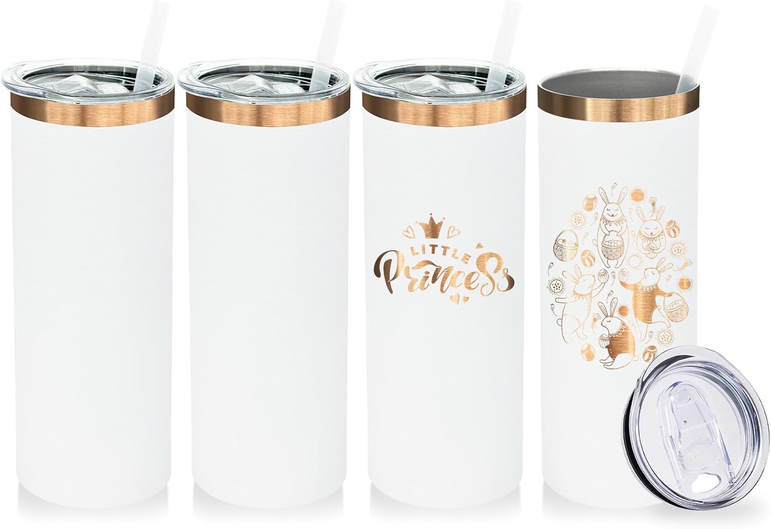 20 oz Skinny Tumblers Bulk 4 Pack, Stainless Steel Insulated Tumbler with Lids and Straws, Slim Double Wall Powder Coated Travel Coffee Mugs Reusable Cup for Hot Cold Drinks (White,4 pack)