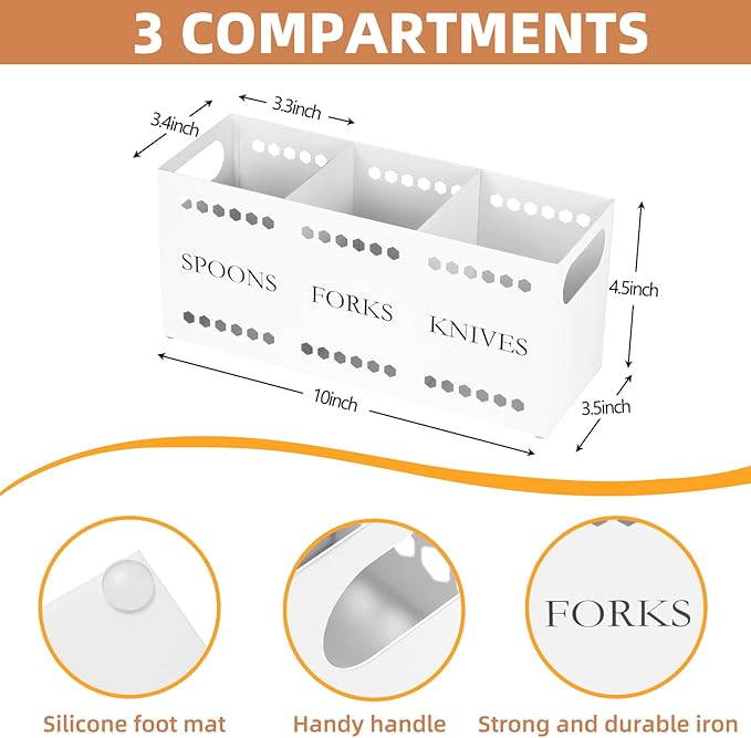 Silverware Caddy Flatware Cutlery Holder Metal Silverware Organizer Containers White Kitchen Utensil Holder for Countertop Spoon and Fork Holder Flatware Utensils Caddy for Party