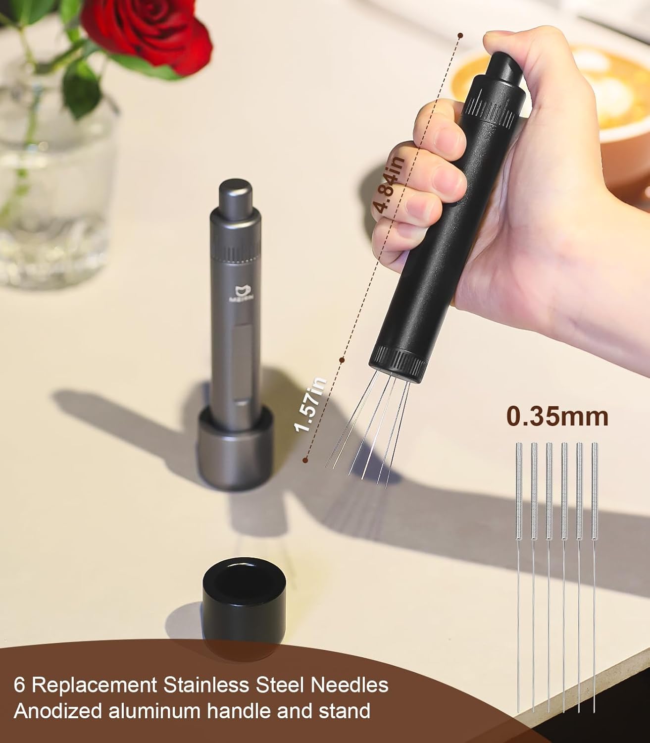 MEION Retractable WDT Espresso Distribution Tool Espresso Stirrer Tools, 0.35mm 6 Needles Coffee Distributor with Extra 6 Replaceable Needles, Espresso Machine Accessories for Barista (Silver, V2)