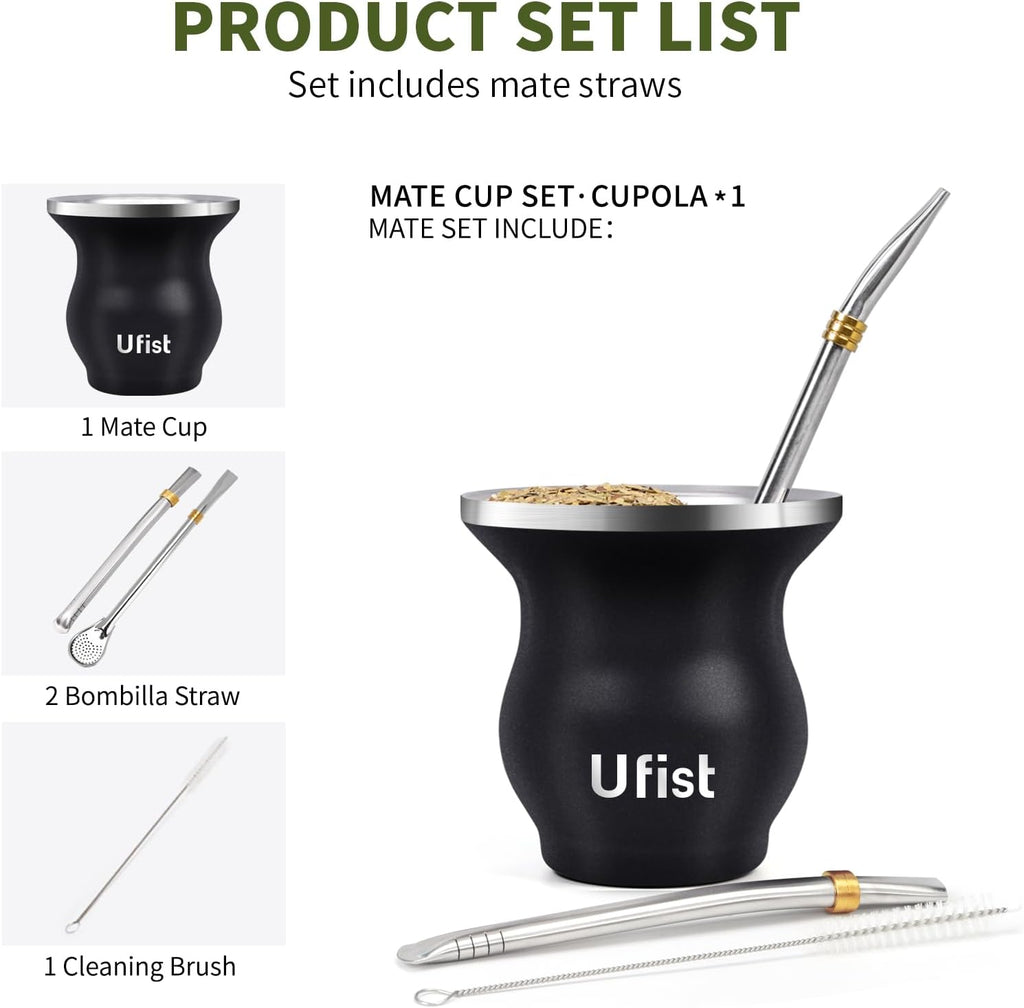 Yerba Mate Cup Set, Include Stainless Steel Double-Wall Mate Gourd with 2 Bombilla Straws and Cleaning Brush, 7.8oz Capacity, Black