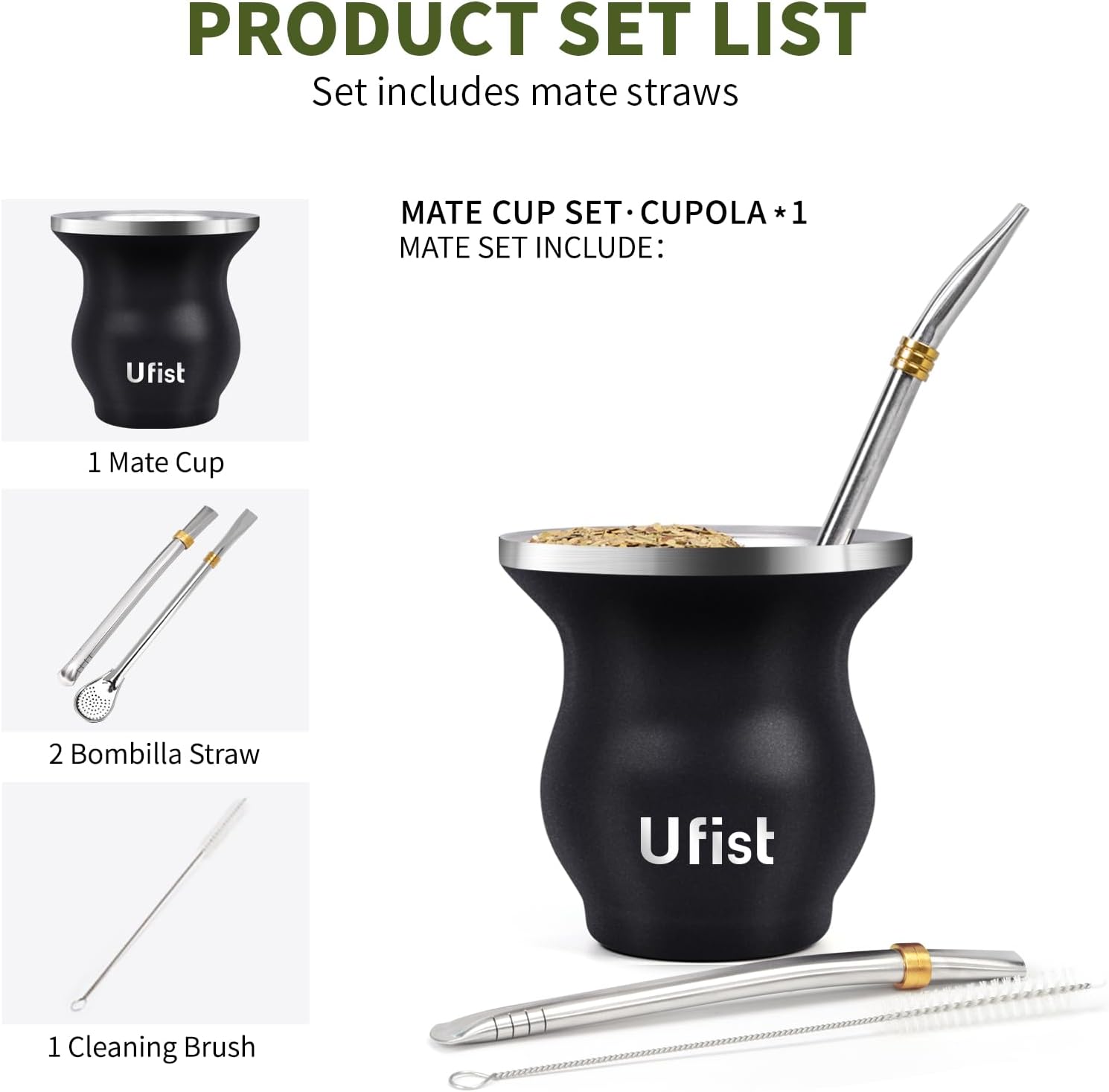Yerba Mate Cup Set, Include Stainless Steel Double-Wall Mate Gourd with 2 Bombilla Straws and Cleaning Brush, 7.8oz Capacity, Black