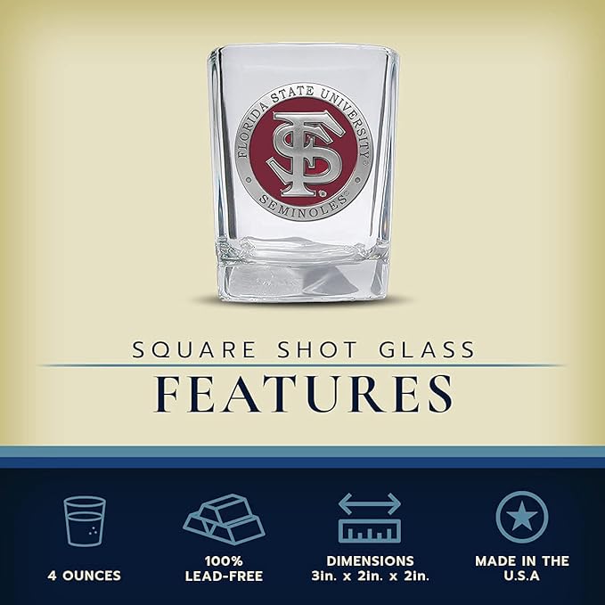 Heritage Pewter Florida State University Square Shot Glass | Hand-Sculpted 1.5 Ounce Shot Glass | Intricately Crafted Metal Pewter Alma Mater Inlay