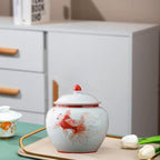 5 inches Ginger jar Lid - red fish decorative Ceramic Ginger jar vase with Lid， chinoiserie gift koi decor small jars for Home decor/jewelry/Tea/coffee beans/Storage