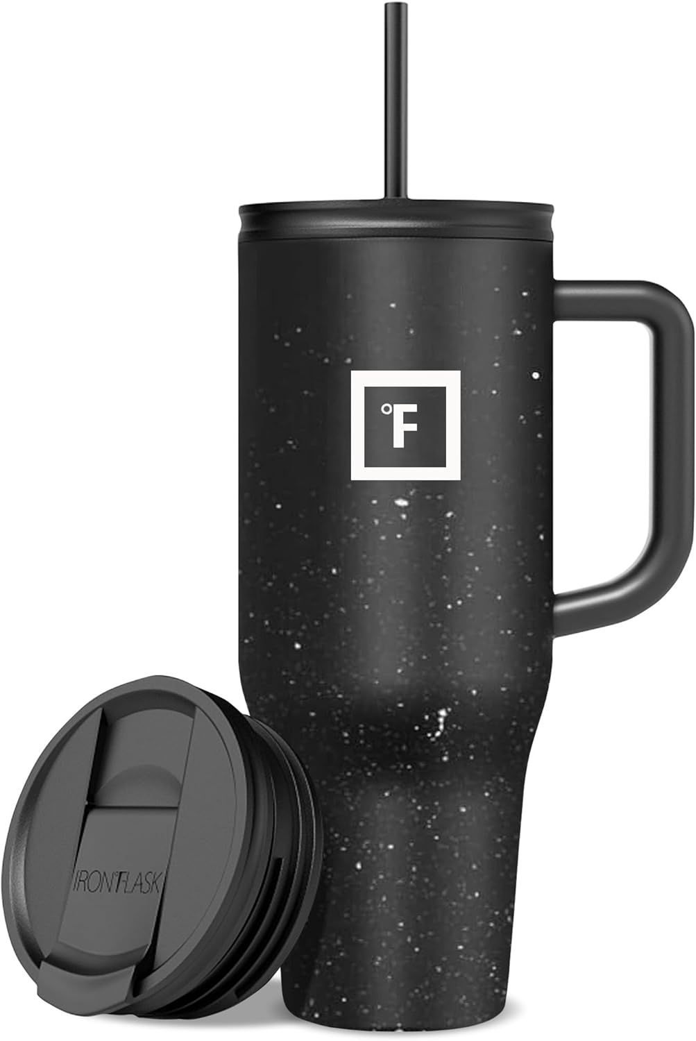 IRON °FLASK Co-Pilot Insulated Mug w/Straw & Flip Cap Lids - Cup Holder Bottle for Hot, Cold Drink - Leak-Proof- Water, Coffee Portable Travel Tumbler - Black Speckle, 40 Oz