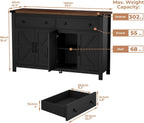 55" Sideboard Buffet Cabinet with Storage, Coffee Bar Cabinet with 2 Drawers and 4 Barn Doors, Long Storage Cabinet Modern Farmhouse, Black Wood, for Kitchen, Dining Room, Living Room