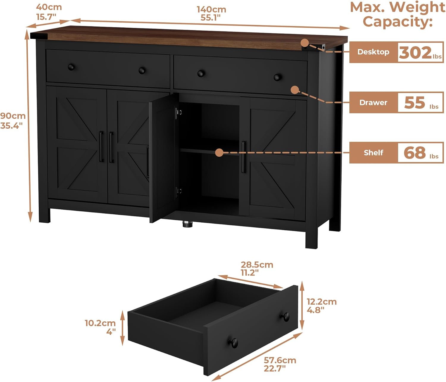 55" Sideboard Buffet Cabinet with Storage, Coffee Bar Cabinet with 2 Drawers and 4 Barn Doors, Long Storage Cabinet Modern Farmhouse, Black Wood, for Kitchen, Dining Room, Living Room