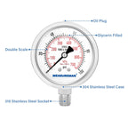 MEASUREMAN Fully Stainless Steel Hydraulic Glycerin Filled Pressure Gauge, 2-1/2" Dial Size, 1/4" NPT Lower Mount, 0-100psi/kpa