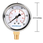 Glycerin Filled Pressure Gauge 200psi/14bar, Stainless Steel case, Brass Inside Construction, 2-1/2" dial, 1/4" NPT Rear Connection.