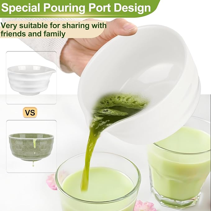 7 Pcs Matcha Whisk Set with Ceramic Bowl, Bamboo Scoop, Whisk, Holder, Sifter, Spoon and Scoop Holder, Tea Kit for Matcha Lover (White)