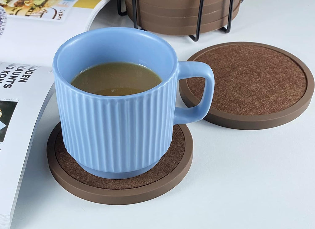 Absorbent Coasters for Drinks with Holder - 6packs, Silicone Coaster with Soft Felt Insert (4.3 inch Coasters with 4.5 inch Holder, Brown)