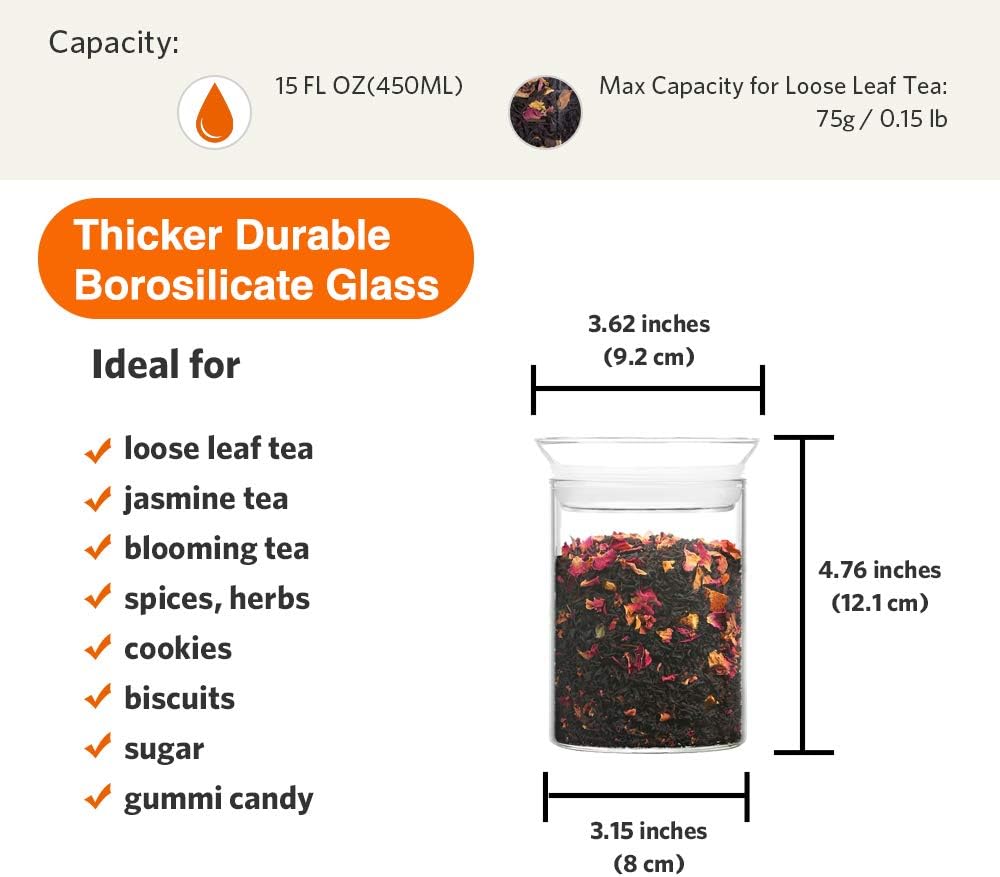 ZENS Airtight Glass Jar Container,15 Fluid Ounce Clear Glass Canister with Lid, Food Storage Jars for Kitchen Spice or Loose Tea,450ml