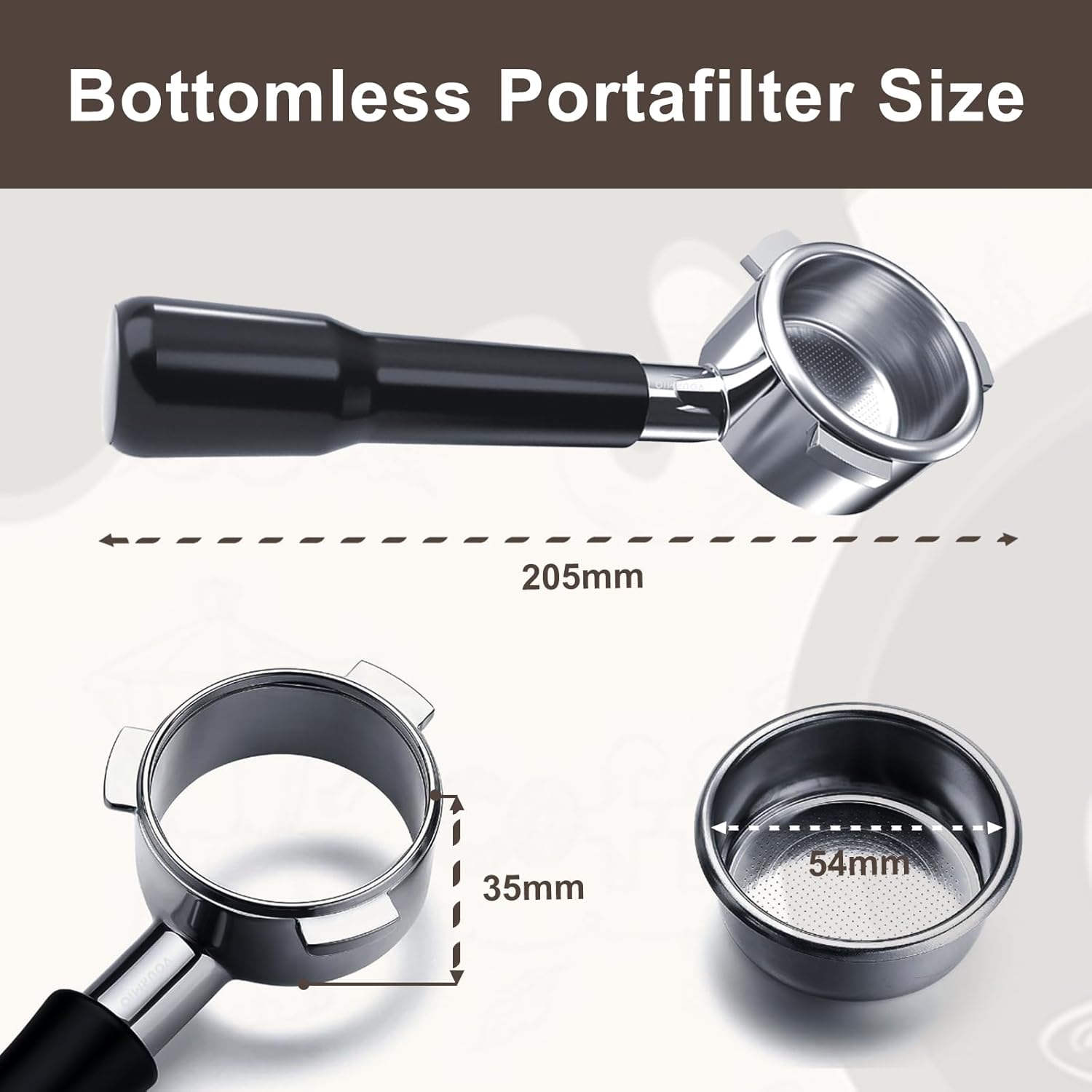54mm Bottomless Portafilter - 3 Ears with Stainless Steel Filter Basket, Fits Breville Barista Express, Pro, Touch, Bambino Plus, Infuser (880BSS, 870XL, 878BSS, 500BSS, 840XL), Black