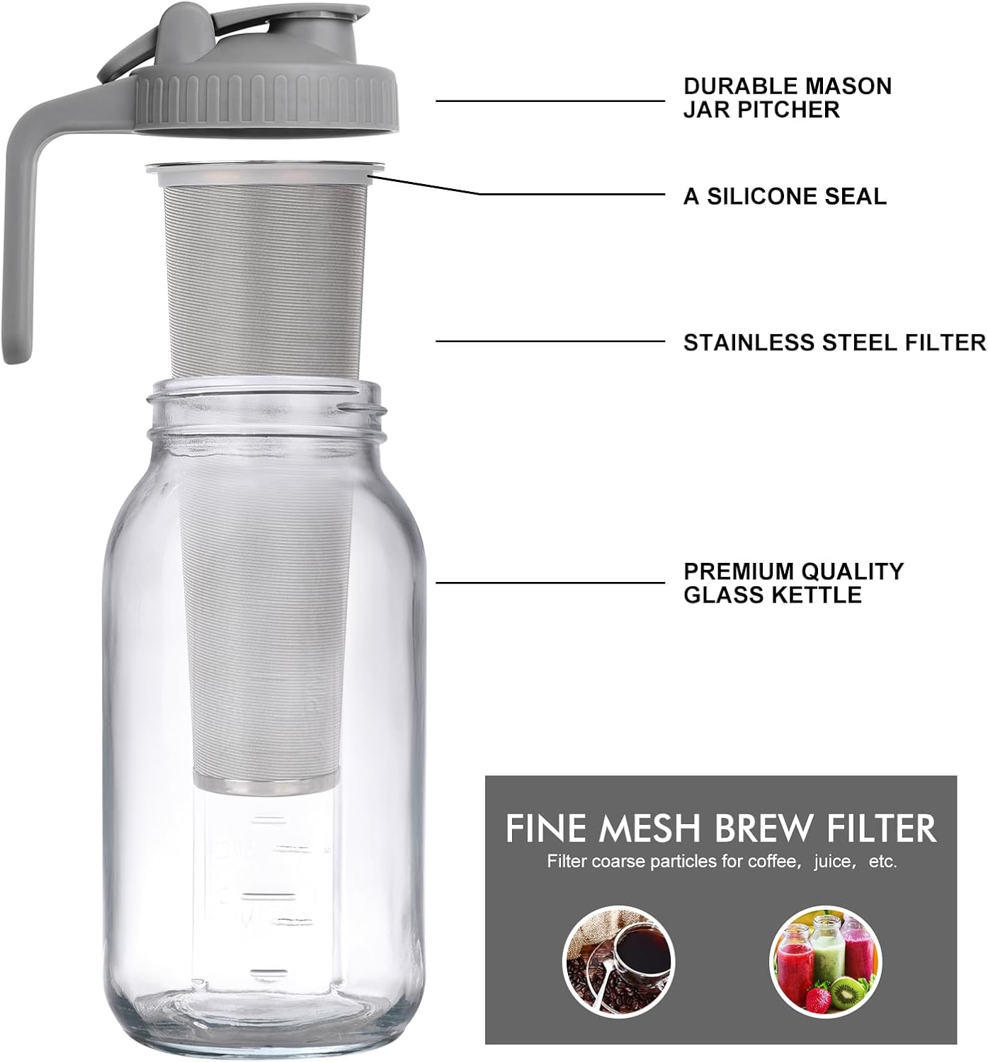 Cold Brew Mason Jar iced Coffee Maker, Durable Glass, - 64 oz (2 Quart / 1.9 Liter), With Handle& Stainless Steel Filter for Iced Brew Coffee, Lemonade, Ice Tea, Homemade Fruit Drinks Container
