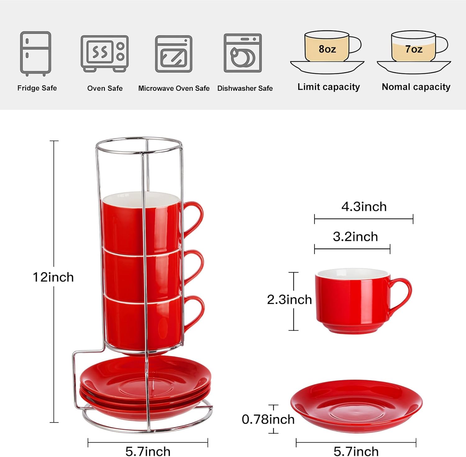 8 Ounce Porcelain Cappuccino Cups with Saucers and Silver Stand, Red Cups Set of 4