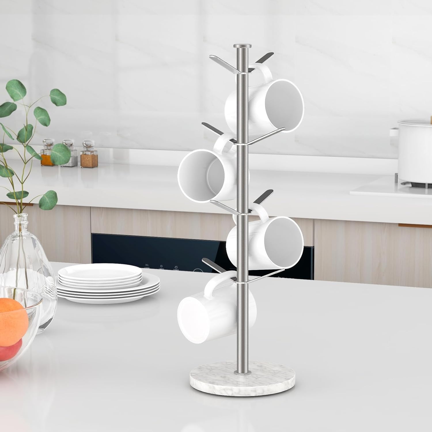 Marble Mug Holder Tree, 8 Hooks Brushed Nickel Coffee Cups Stand, New Upgraded Stable Mug Stand for Kitchen Counter Cabinet Cafe