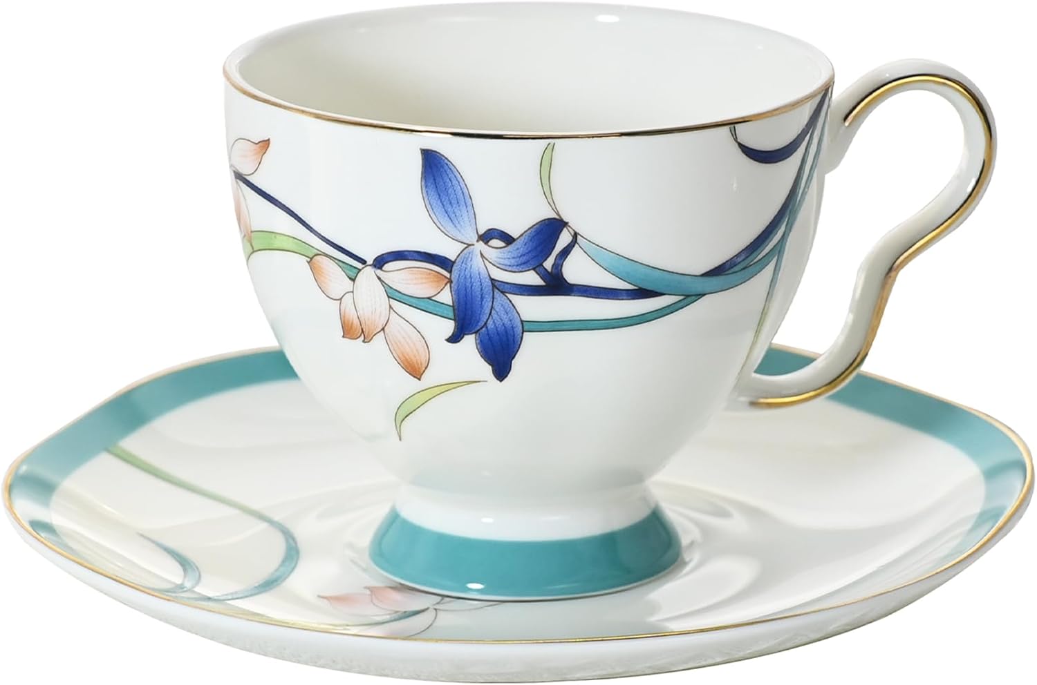ACMLIFE Tea Cups and Saucers for 1, Bone China Teacup Set for Adults with Gold Trim and Gift Box, Blue and White Chinese English British Wedding Tea Set for One Coffee Cup Set 6.8 oz (Blue-Bamboo)
