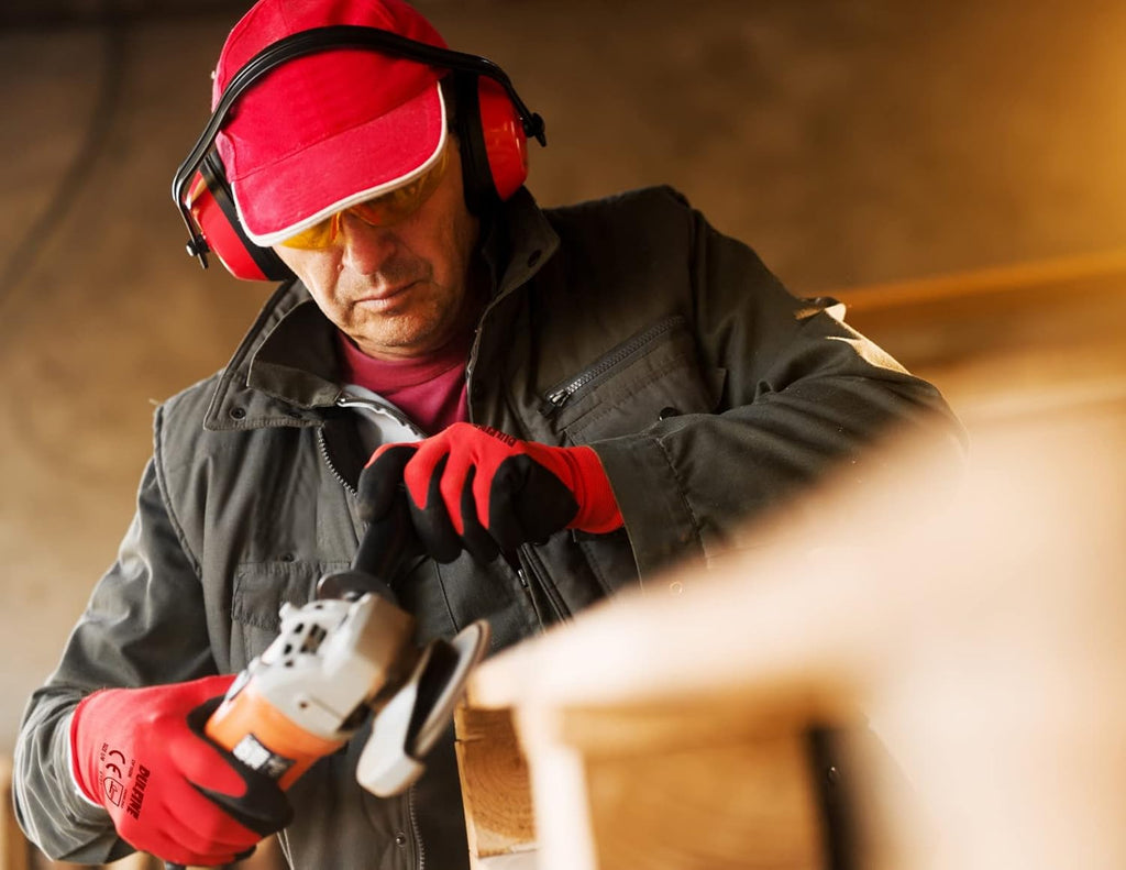 DULFINE Safety Work Gloves PU Coated for Men and Women-12 Pairs,Red Seamless Knit Glove with Two Fingers Touchscreen,Ideal for General Duty Work (XX-Large)