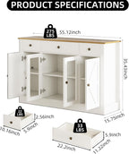 4 EVER WINNER 55" Buffet Cabinet with Storage, Farmhouse Coffee Bar Cabinet with Glass Doors and Drawers, Sideboard Cabinets with Adjustable Shelves for Living Room, Kitchen, White