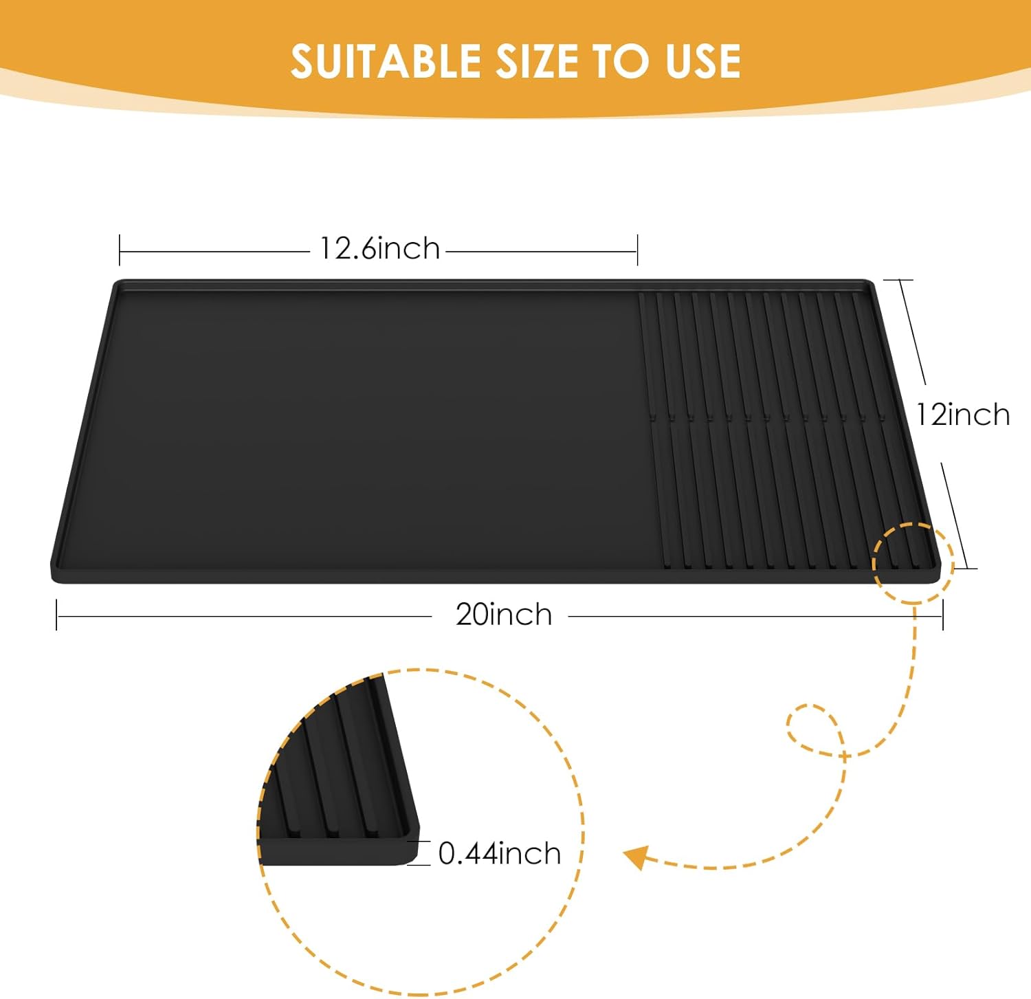 Silicone Coffee Mat with Raised Edges, 20'' X 12'', Bar Mat for Countertops, Fits Under Coffee Maker, Espresso Machine, Dish Drying Mat (BLACK)
