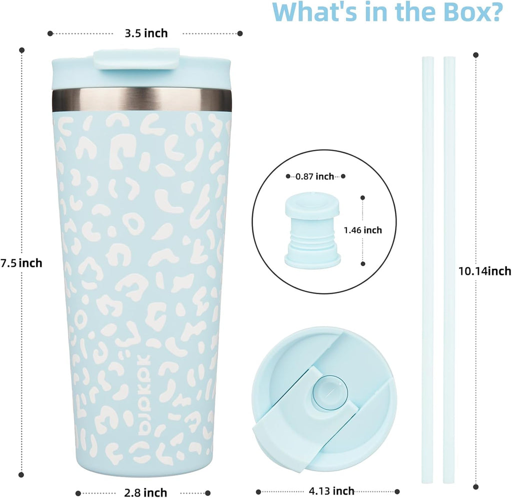 BJPKPK 22oz Tumbler With lid And Straw Stainless Steel Travel Coffee Mug Insulated Tumblers Cups,Light Blue Leopard