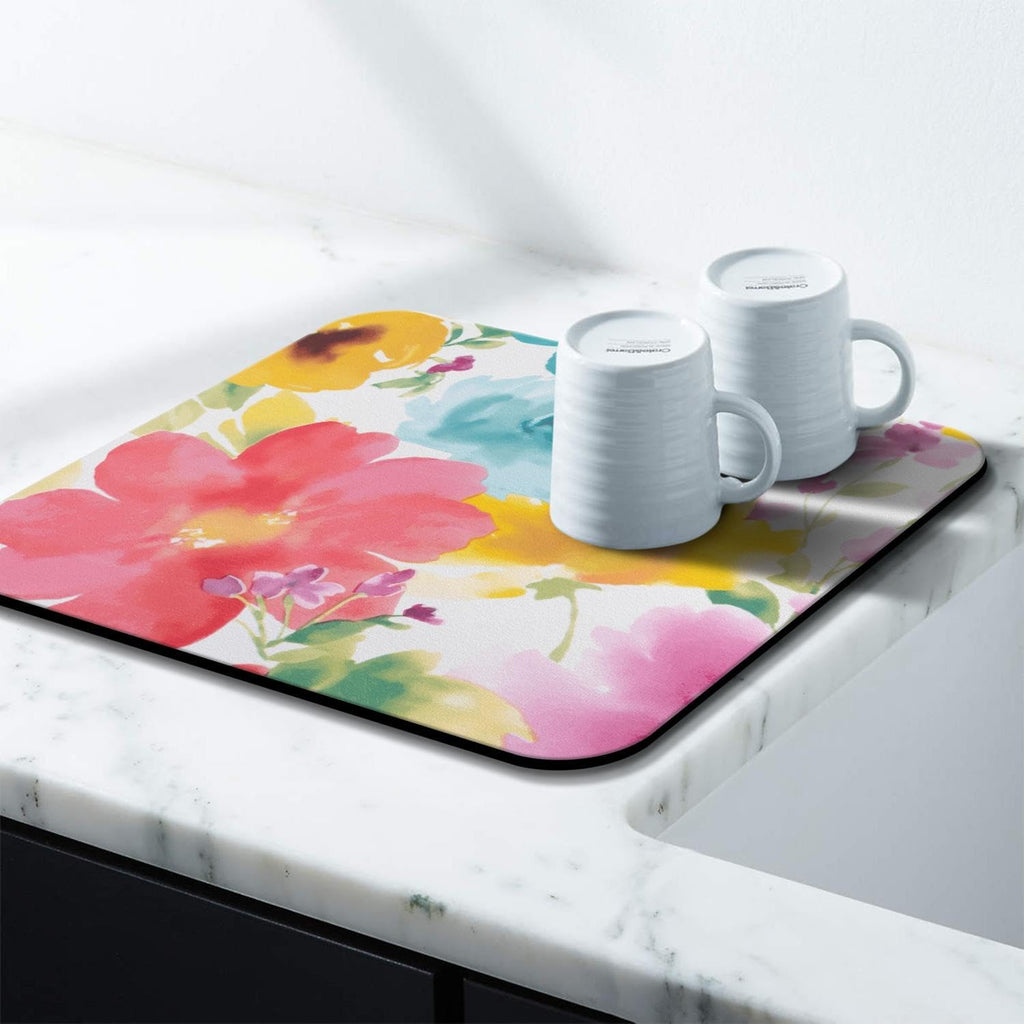 Dish Drying Mat, 16x18in, Watercolor Flower, Rubber Backed, Absorbent, Quick Dry, Fit Kitchen Counter, Bar, Under Sink, Dishes, Utensils, Dish Rack