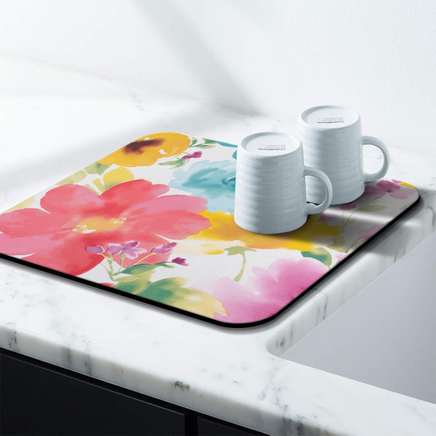 Dish Drying Mat, 16x18in, Watercolor Flower, Rubber Backed, Absorbent, Quick Dry, Fit Kitchen Counter, Bar, Under Sink, Dishes, Utensils, Dish Rack