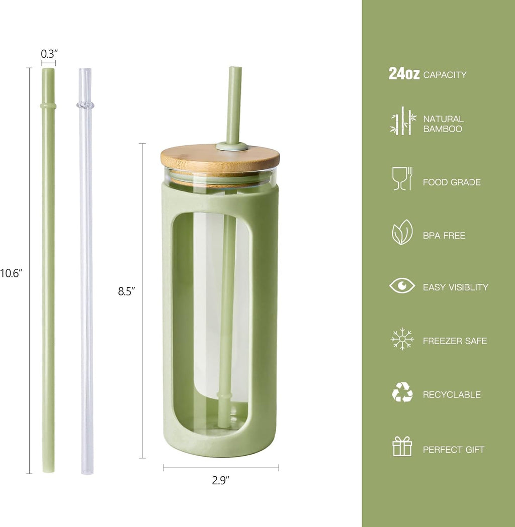 Kodrine 20oz Glass Tumbler with Straw and Lid, Iced Coffee Cups with Bamboo Lids, Glass Cups for Cold Drinks, Smoothie Cup with Silicone Sleeve for Travel, Work, BPA FREE-DaiquiriGreen
