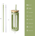 Kodrine 20oz Glass Tumbler with Straw and Lid, Iced Coffee Cups with Bamboo Lids, Glass Cups for Cold Drinks, Smoothie Cup with Silicone Sleeve for Travel, Work, BPA FREE-DaiquiriGreen