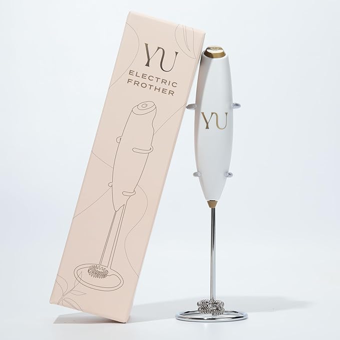 Yu Tea Handheld Electric Milk Frother with Stand | Dual Whisk Frother for Matcha, Sencha, Hojicha, Genmaicha Powder | Quick Mix for Lattes, Smoothies & Baking | AA Batteries Required