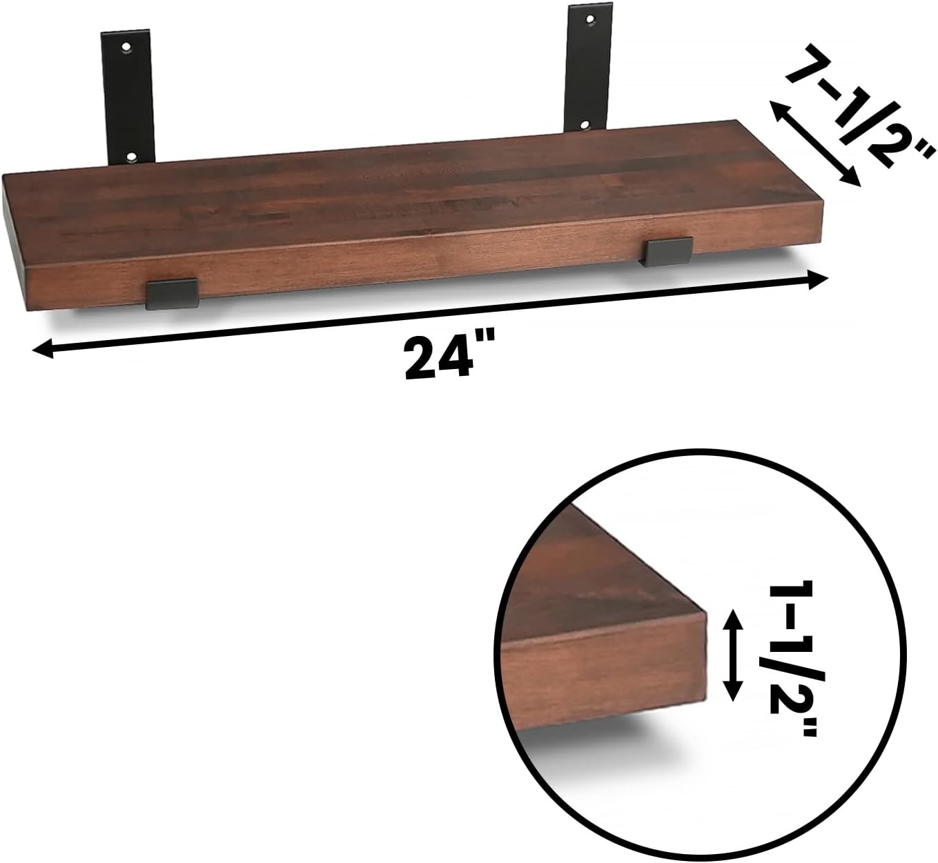 CONSDAN Floating Shelves for Wall Mounted Book Shelf Hanging Shelves Floating Bookshelf for Bedroom, Bathroom, Living Room, Kitchen USA Grown Solid Hardwood, Dark Maple 24x7.5x1.5 in (Set of 3)