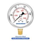 MEASUREMAN 2-1/2" Dial Size, Glycerin Filled Pressure Gauge, 0-1500psi/kpa, 304 Stainless Steel Case, 1/4" NPT Lower Mount