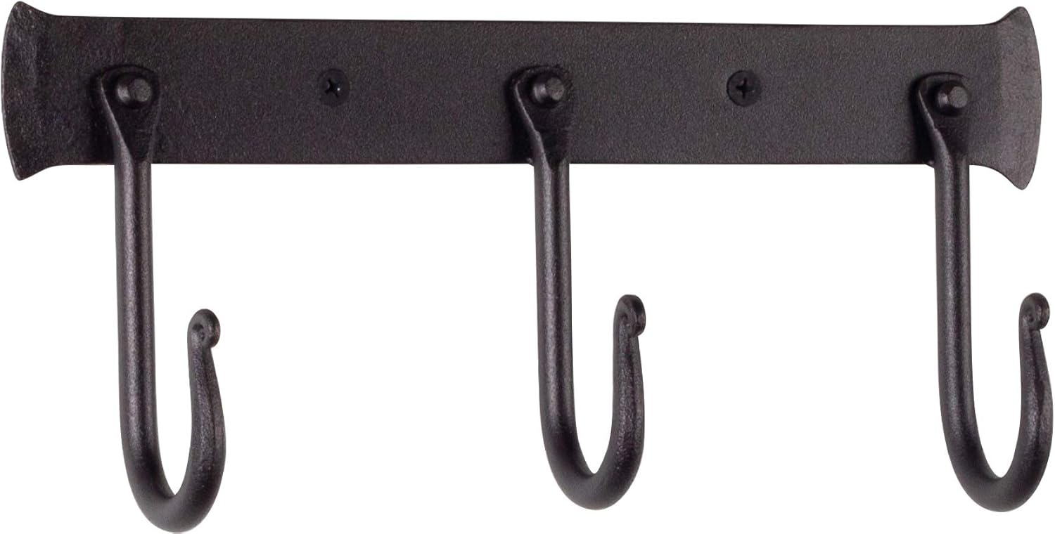 RTZEN Wall Mount Hook Set - Wrought Iron Decorative Rustic Metal Coat Hooks for Hanging - Handcrafted Classic Farmhouse Wall Mounted Black Hooks for Towel Robe or Hat Hanging - 3 Hook Rack