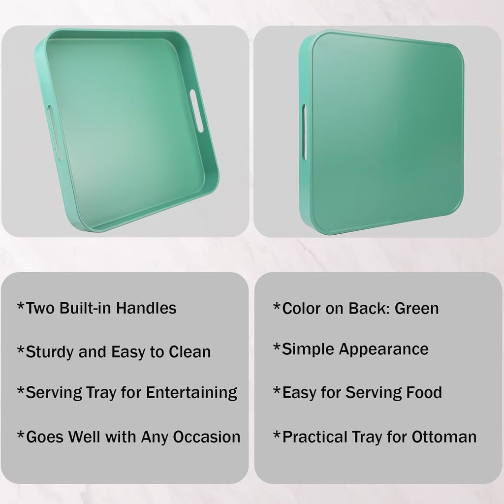 Square Green Decorative Serving Tray with Handles, Versatile Ottoman Tray for Coffee Table, Entertaining, Outdoor Patio, Living Room, 13”*13”*1.6”