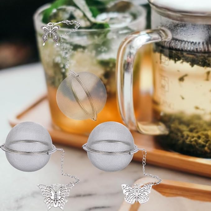 Tea Infusers for Loose Tea 3 Sets Tea Infuser Loose Leaf Tea Steeper Tea Stainless Steel Ball Mesh Tea Strainer Filters with Crtstal Pendant (Metal Butterfly)