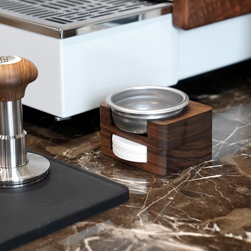 watchget Espresso Paper Filter Holder Coffee Filter Storage Container Coffee Filter Dispenser Compatible with 51mm/53mm/54mm/58mm Round Disposable Puck Screen Paper Filters, Wood