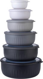 COOK WITH COLOR Prep Bowls with Lids- Wide and Deep Nesting Plastic Small Mixing Bowl Set with Lids, 12 Piece Set - Wide Bowls, Black/White